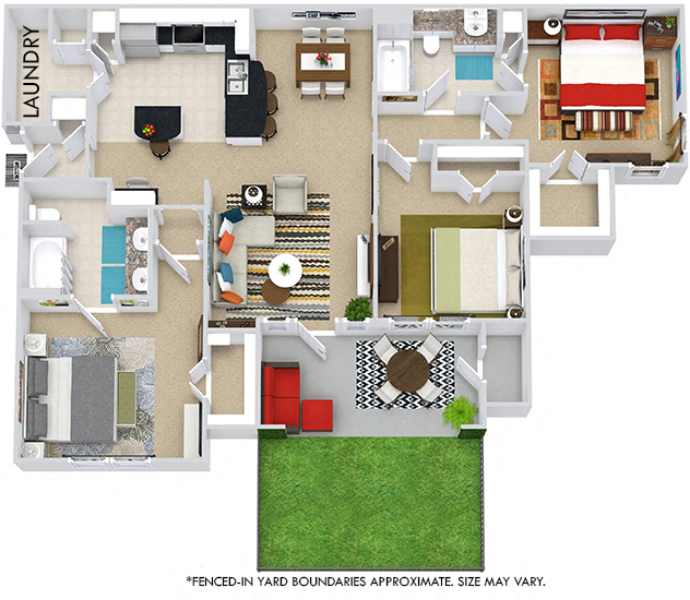 Floor plan for 3 beds, 2 baths, 1297 sqft